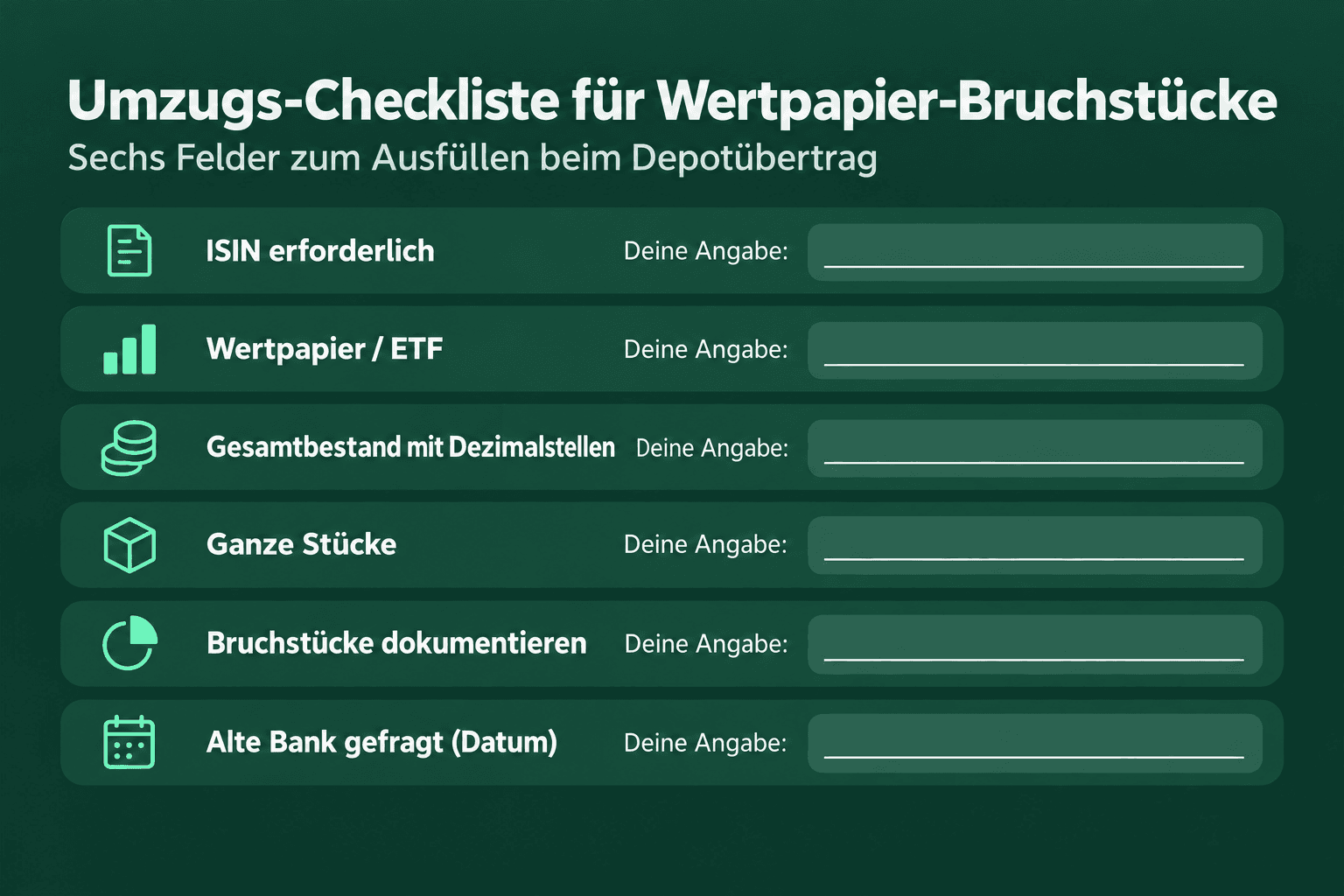 Umzugs-Checkliste für Wertpapier-Bruchstücke mit sechs Angaben zum Depotübertrag