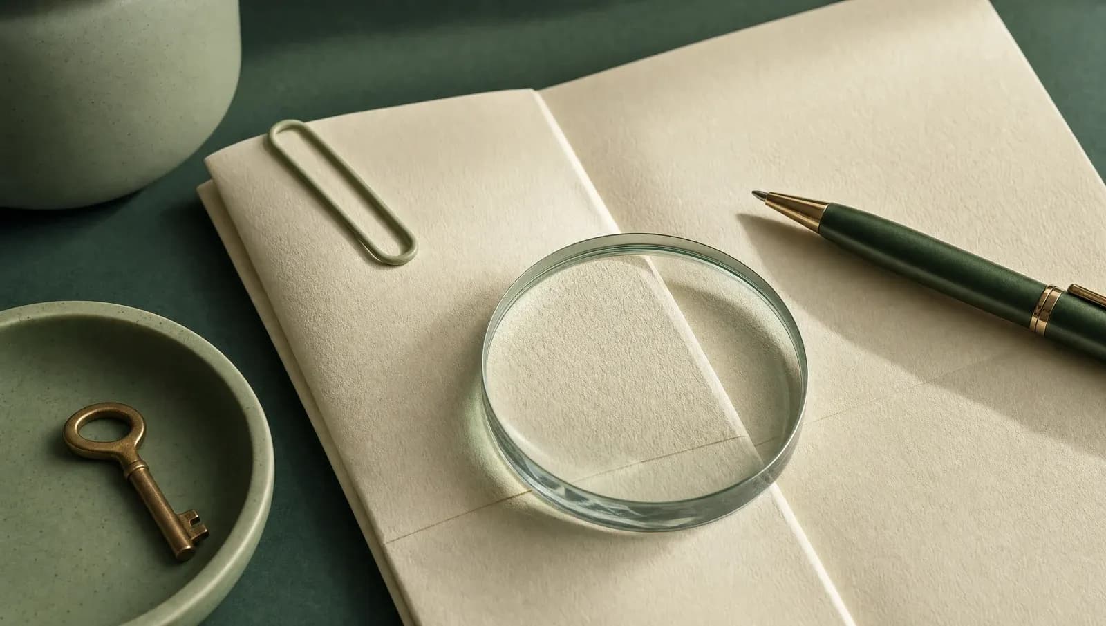 Dokument mit Lupe, grünem Stift und Schlüssel als Symbol für die Prüfung einer Vollmacht