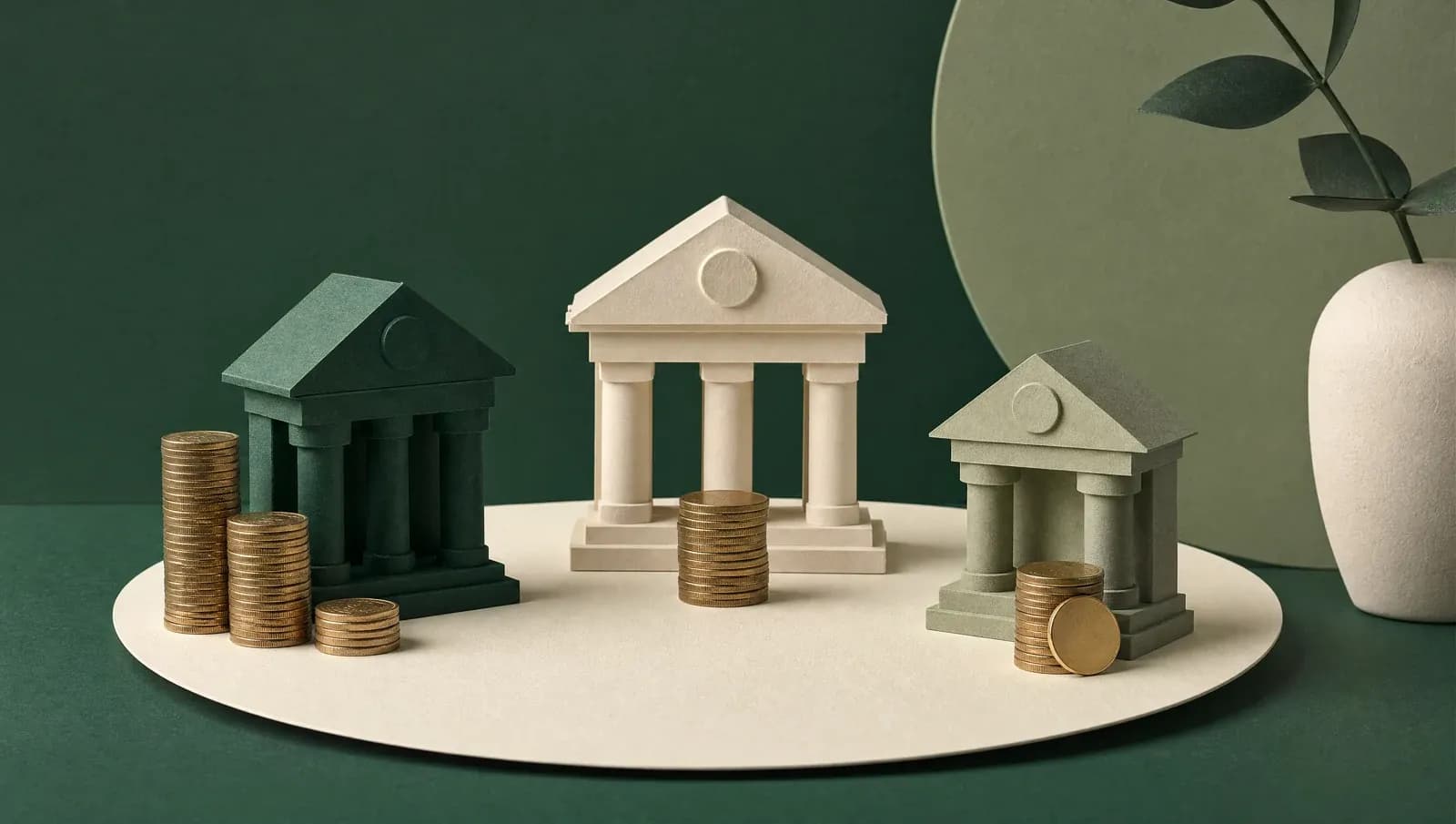 Drei Bankmodelle mit unterschiedlich verteilten Münzstapeln auf einer gemeinsamen Fläche