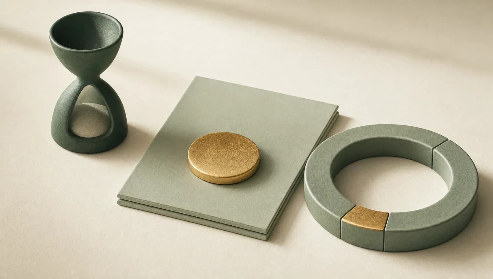 Sanduhr, Münze auf einer Produktmappe und Kalenderring als Symbole dreier Vergütungsmodelle