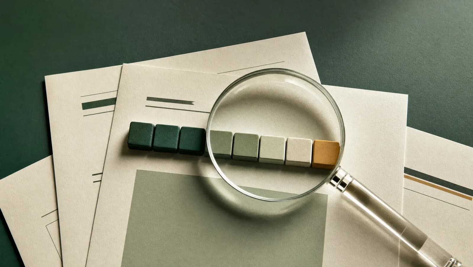 Lupe über einem abstrakten Risikobalken auf drei Informationsblättern