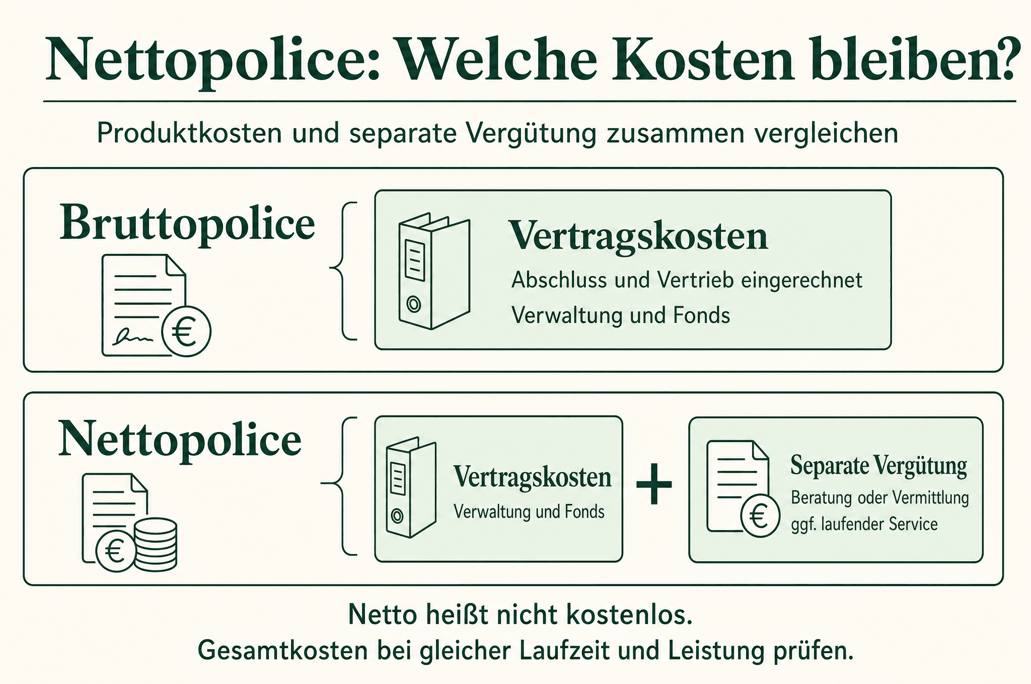 Kostenstruktur einer fondsgebundenen Brutto- und Nettopolice: Im Bruttotarif sind Abschluss und Vertrieb eingerechnet; beim Nettotarif kommen zur Verwaltung und zu Fondskosten separat vereinbarte Vergütungen hinzu.